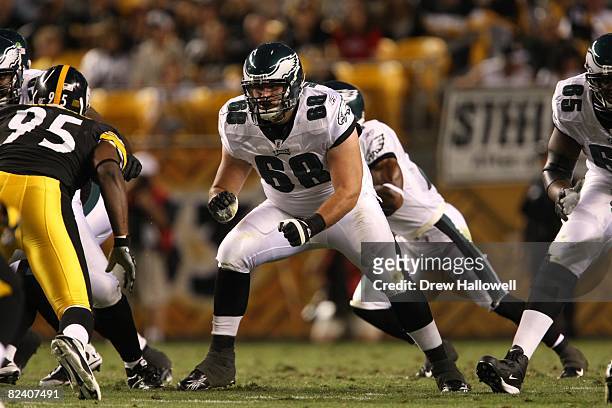 Offensive tackle Mike McGlynn of the Philadelphia Eagles blocks during the game against the Pittsburgh Steelers on August 8, 2008 at Heinz Field in...