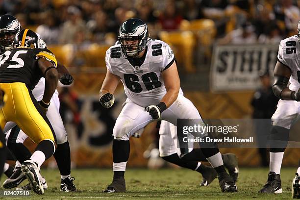 Offensive tackle Mike McGlynn of the Philadelphia Eagles blocks during the game against the Pittsburgh Steelers on August 8, 2008 at Heinz Field in...