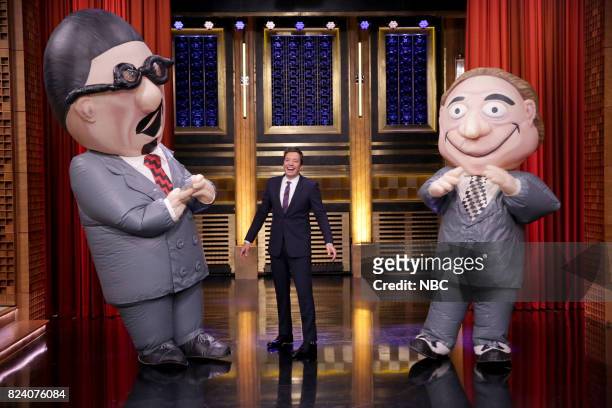 Episode 0714 -- Pictured: Host Jimmy Fallon with Magicians Penn & Teller performing on July 28, 2017 --