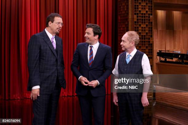 Episode 0714 -- Pictured: Host Jimmy Fallon with Magicians Penn & Teller performing on July 28, 2017 --