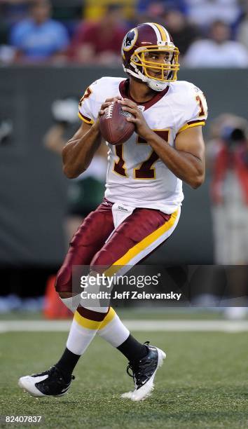 Jason Campbell of the Washington Redskins passes in a pre-season NFL game against the New York Jets at Giants Stadium, August 16, 2008 in East...
