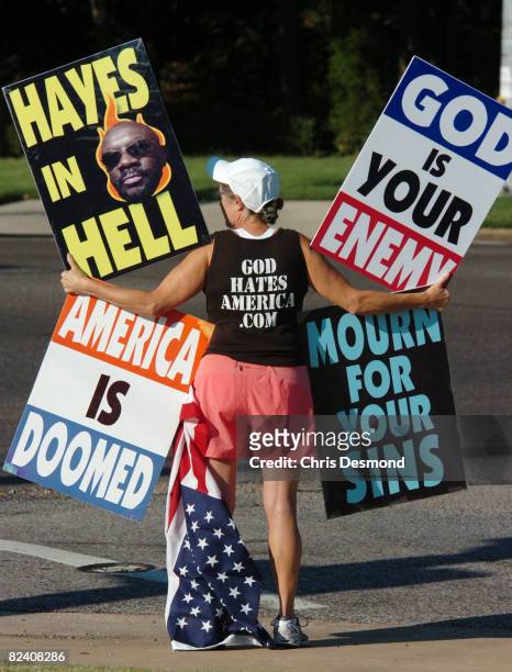 Westboro Baptist Church member Shirley Phelps Roper demonstrates before the celebration of the life of entertainment icon Isaac Hayes August 18, 2008...
