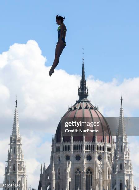 Anna Bader of the United States competes during the Women's High Dive, preliminary round on day fifteen of the Budapest 2017 FINA World Championships...