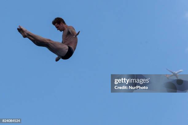 Andy Jones of the United States competes during the Men's High Dive, preliminary round on day fifteen of the Budapest 2017 FINA World Championships...