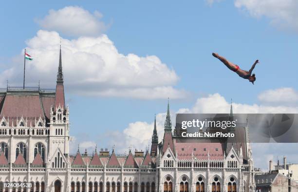 Kris Kolanus competes during the Women's High Dive, preliminary round on day fifteen of the Budapest 2017 FINA World Championships on July 28, 2017...