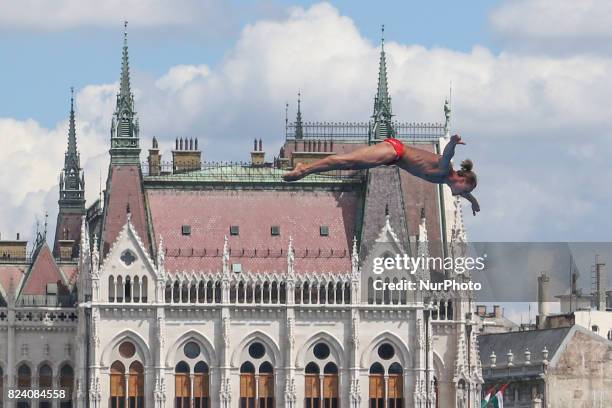 Kris Kolanus competes during the Women's High Dive, preliminary round on day fifteen of the Budapest 2017 FINA World Championships on July 28, 2017...