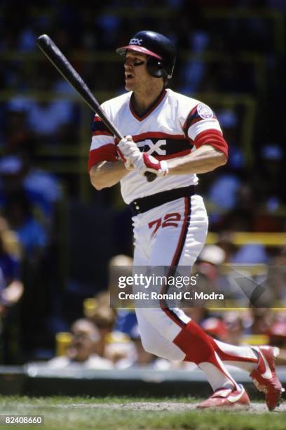 Carlton Fisk of the Chicago White Sox bats during a MLB game against the California Angels in June 1985 in Chicago, Illinois.