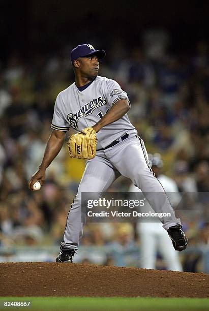 Salomon Torres of the Milwaukee Brewers delivers a pitch during their MLB game against the Los Angeles Dodgers at Dodger Stadium on August 16, 2008...