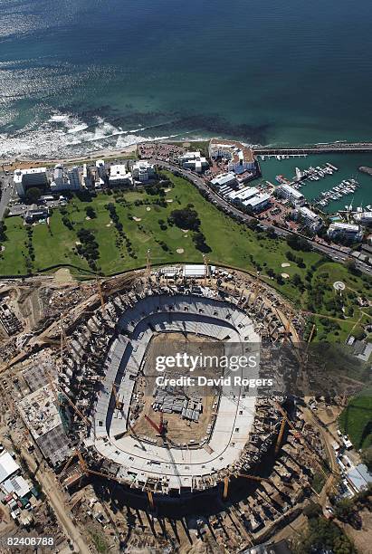 An aerial view of The Green Point Stadium under construction on August 18, 2008 in Cape Town, South Africa. The stadium will host the semi finals of...