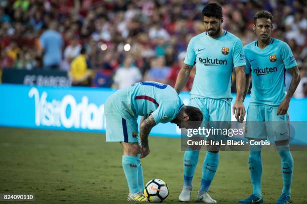 Luis Suarez of Barcelona, Lionel Messi of Barcelona and Neymar of Barcelona line up for the penalty kick during the International Champions Cup match...