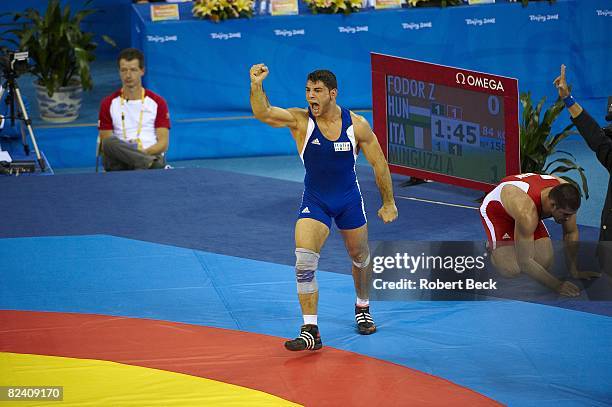Greco-Roman Wrestling: 2008 Summer Olympics: Italy Andrea Minguzzi victorious after winning Men's GR 84kg Gold Medal Match vs Hungary Zoltan Fodor at...