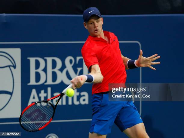 Kyle Edmund of Great Britain returns a forehand to Jack Sock during the BB&T Atlanta Open at Atlantic Station on July 28, 2017 in Atlanta, Georgia.