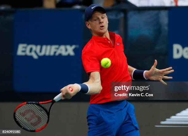 Kyle Edmund of Great Britain returns a forehand to Jack Sock during the BB&T Atlanta Open at Atlantic Station on July 28, 2017 in Atlanta, Georgia.