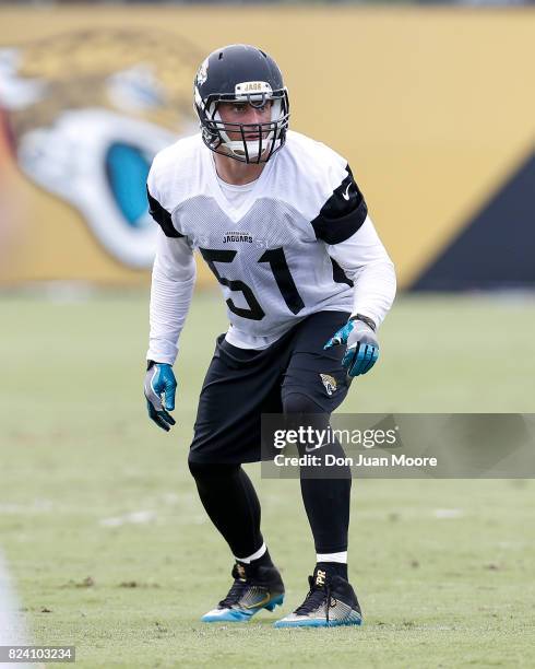 Linebacker Paul Posluszny of the Jacksonville Jaguars works out during Training Camp at Florida Blue Health and Wellness Practice Fields on July 28,...