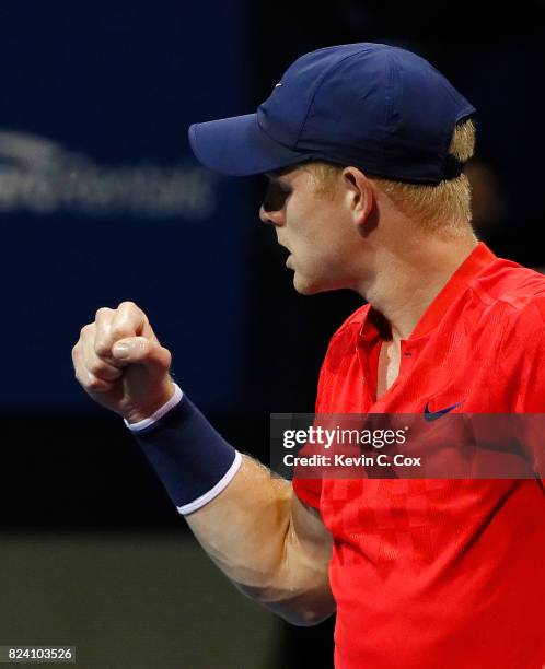 Kyle Edmund of Great Britain reacts after defeating Jack Sock during the BB&T Atlanta Open at Atlantic Station on July 28, 2017 in Atlanta, Georgia.