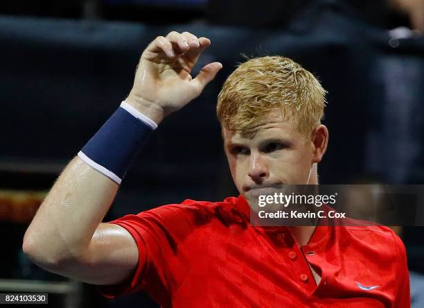 Kyle Edmund of Great Britain reacts after defeating Jack Sock during the BB&T Atlanta Open at Atlantic Station on July 28, 2017 in Atlanta, Georgia.