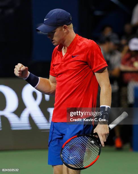 Kyle Edmund of Great Britain reacts after defeating Jack Sock during the BB&T Atlanta Open at Atlantic Station on July 28, 2017 in Atlanta, Georgia.