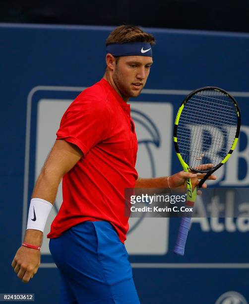 Jack Sock reacts during the match against Kyle Edmund of Great Britain during the BB&T Atlanta Open at Atlantic Station on July 28, 2017 in Atlanta,...