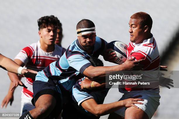 Saimone Telefone of Papatoetoe charges forward during the U20 ARU Challenge Cup between Papatoetoe and Marist at Eden Park on July 29, 2017 in...