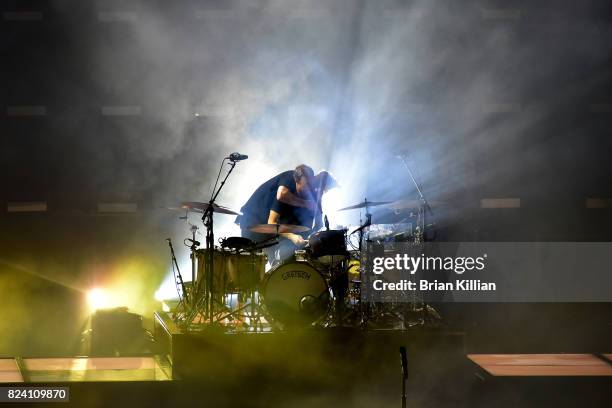 Singer Ryan Tedder and drummer Eddie Fisher of OneRepublic perform during the OneRepublic With Fitz & The Tantrums And James Arthur In Concert show...