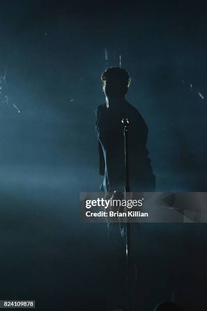 Singer Ryan Tedder of One Republic performs during the OneRepublic With Fitz & The Tantrums And James Arthur In Concert show at PNC Bank Arts Center...