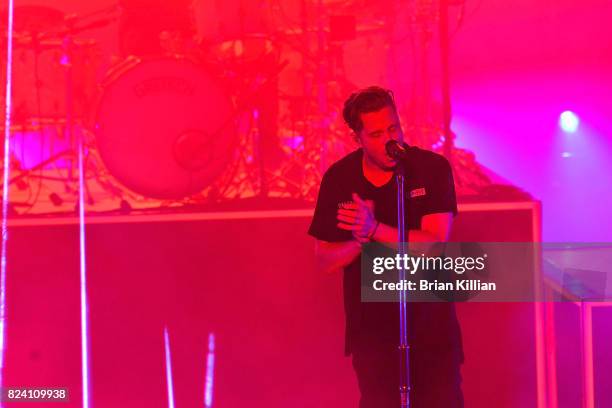 Singer Ryan Tedder of OneRepublic performs during the OneRepublic With Fitz & The Tantrums And James Arthur In Concert show at PNC Bank Arts Center...