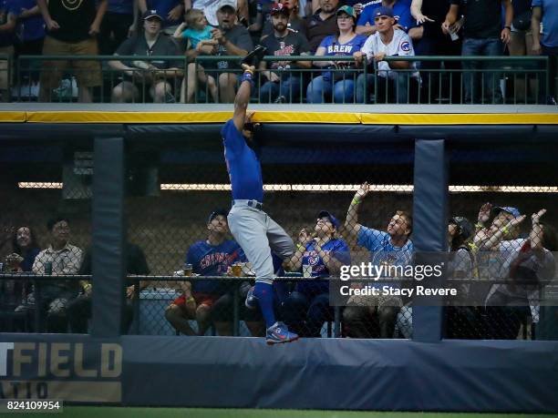 Jason Heyward of the Chicago Cubs catches a fly ball during the third inning of a game against the Milwaukee Brewers at Miller Park on July 28, 2017...