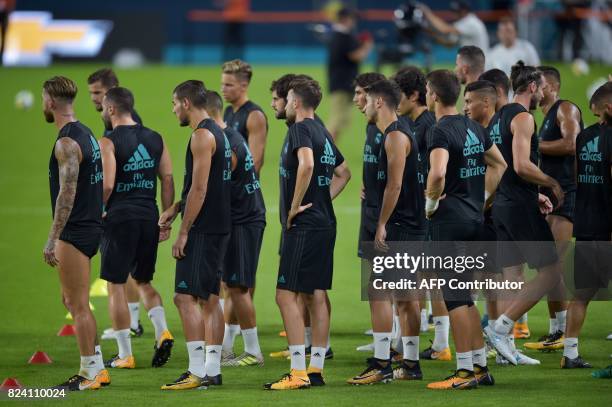 Real Madrid players take part in a training session at Hard Rock Stadium in Miami, Florida, on July 28 one day before their International Champions...