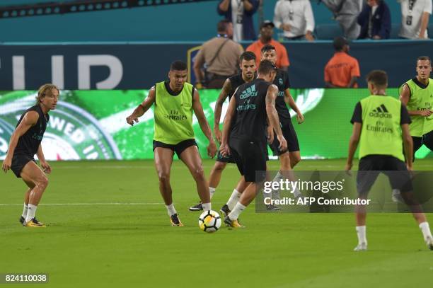 Real Madrid players take part in a training session at Hard Rock Stadium in Miami, Florida, on July 28 one day before their International Champions...