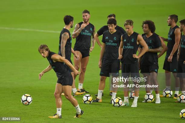 Real Madrid players take part in a training session at Hard Rock Stadium in Miami, Florida, on July 28 one day before their International Champions...