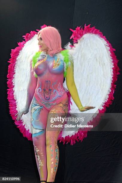 Model poses with her bodypainting designed by bodypainting artist Karen Dinger from Germany during the World Bodypainting Festival 2017 on July 28,...