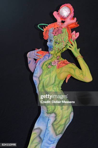 Model poses with her bodypainting designed by bodypainting artist Birgit Linke from Austria during the World Bodypainting Festival 2017 on July 28,...