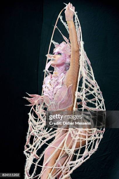 Model poses with her bodypainting designed by bodypainting artist Victoriia Bessarab from Ukraine during the World Bodypainting Festival 2017 on July...