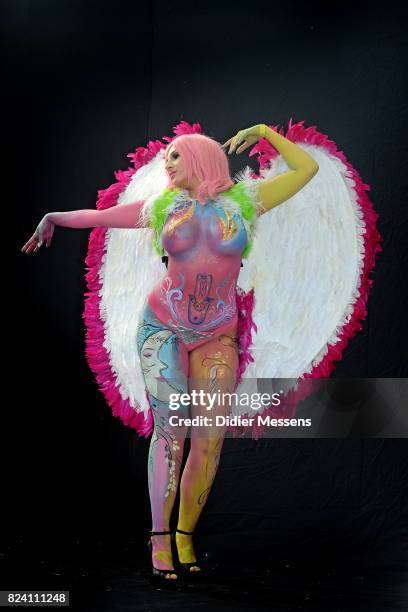 Model poses with her bodypainting designed by bodypainting artist Karen Dinger from Germany during the World Bodypainting Festival 2017 on July 28,...