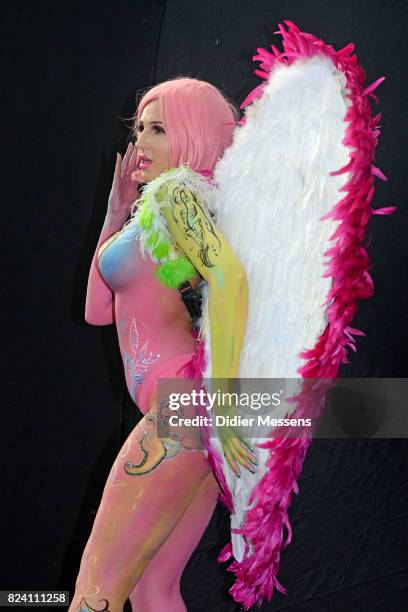 Model poses with her bodypainting designed by bodypainting artist Karen Dinger from Germany during the World Bodypainting Festival 2017 on July 28,...