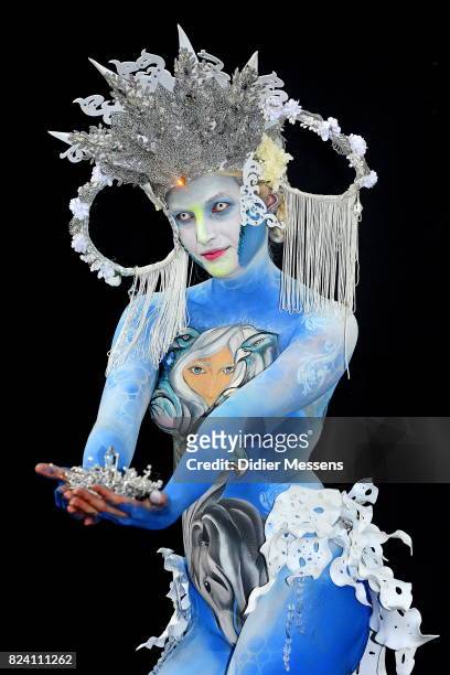Model poses with her bodypainting designed by bodypainting artist Virginia Elizaebeth Vera from Uruguay during the World Bodypainting Festival 2017...
