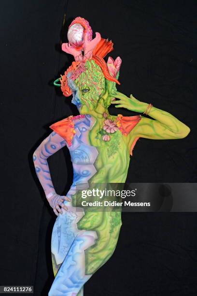 Model poses with her bodypainting designed by bodypainting artist Birgit Linke from Austria during the World Bodypainting Festival 2017 on July 28,...