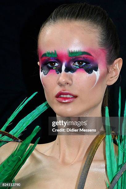 Model poses with her bodypainting designed by bodypainting artist Alesya Plastinkina from Russia during the World Bodypainting Festival 2017 on July...