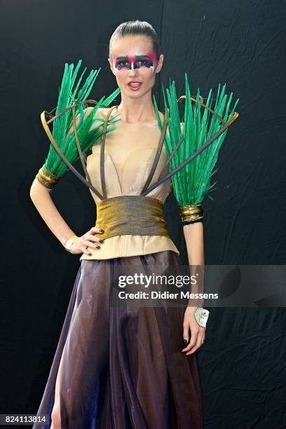 Model poses with her bodypainting designed by bodypainting artist Alesya Plastinkina from Russia during the World Bodypainting Festival 2017 on July...