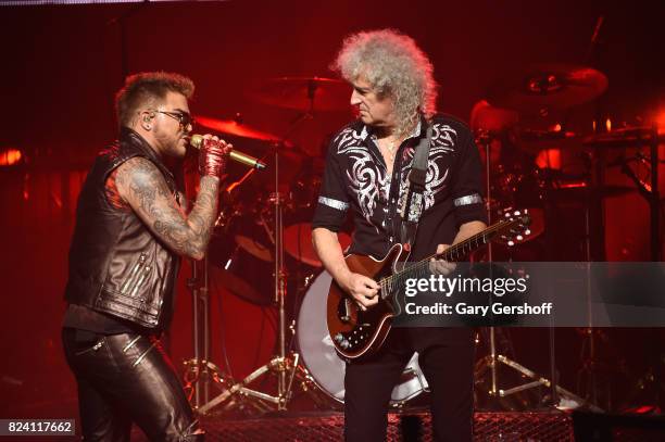 Singer Adam Lambert and guitarist Brian May of Queen perform on stage at Barclays Center of Brooklyn on July 28, 2017 in the Brooklyn borough of New...