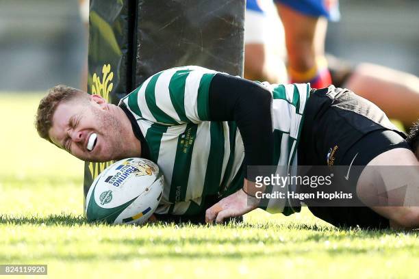 Regan Verney of Old Boys-University scores a try during the Jubilee Cup Semi Final match between Old Boys-University and Tawa at Jerry Collins...