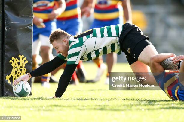 Regan Verney of Old Boys-University scores a try during the Jubilee Cup Semi Final match between Old Boys-University and Tawa at Jerry Collins...