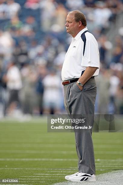 Head coach Mike Holmgren of the Seattle Seahawks watches the action from the sidelines during the game against the Chicago Bears at Qwest Field on...