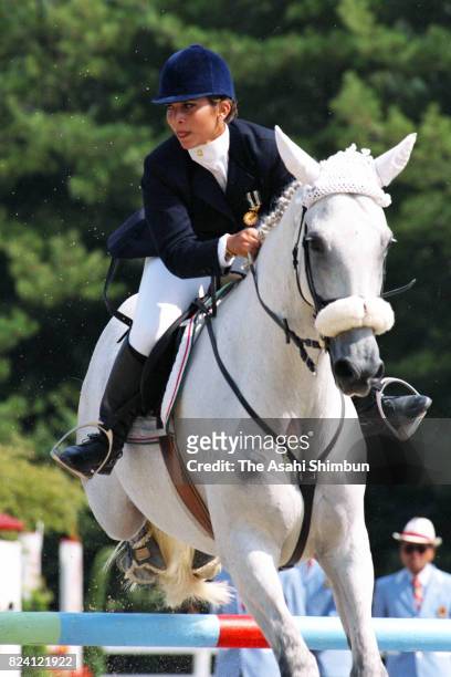 Princess Haya of Jordan competes in the Equestrian Individual Jumping qualification during the 12th Asian Games Hiroshima on October 7, 1994 in...