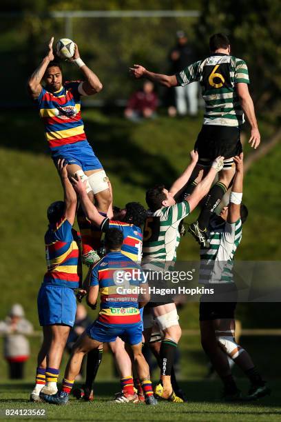 Telea Seumanutafa of Tawa wins a lineout during the Jubilee Cup Semi Final match between Old Boys-University and Tawa at Jerry Collins Stadium on...