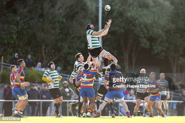 Agustin Escalona of Old Boys-University takes a high ball during the Jubilee Cup Semi Final match between Old Boys-University and Tawa at Jerry...