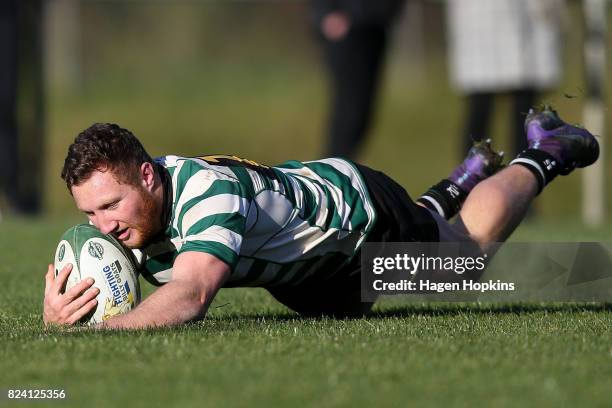 Teegan Minkley of Old Boys-University scores a try during the Jubilee Cup Semi Final match between Old Boys-University and Tawa at Jerry Collins...