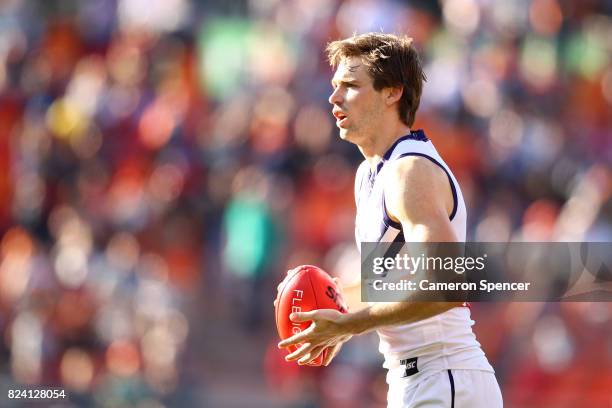 Joel Hamling of the Dockers prepares to kick during the round 19 AFL match between the Greater Western Sydney Giants and the Fremantle Dockers at...