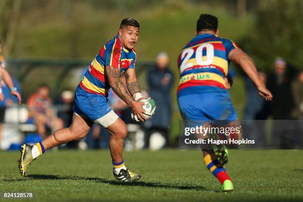 James So'oialo of Tawa looks to pass during the Jubilee Cup Semi Final match between Old Boys-University and Tawa at Jerry Collins Stadium on July...