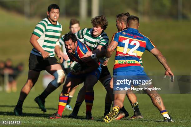 Fermanis of Tawa is tackled during the Jubilee Cup Semi Final match between Old Boys-University and Tawa at Jerry Collins Stadium on July 29, 2017 in...